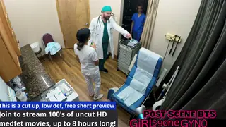 Busty Tattooed Brunette Endures First Gyno Exam in Latex Clinic