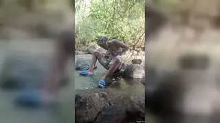 Ebony Solo Stroking Big Cock Outdoors to Cumshot