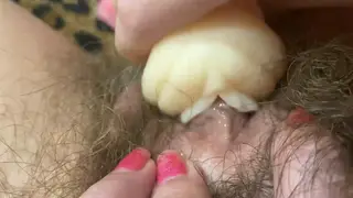 Hairy Lesbian Toy Play Ends in Wet Squirt