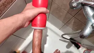 Skinny Uncut Guy Fucks Toy in Shower Until Climax