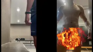 Muscular Latino Bear Strokes Hard in Gym Shower