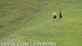 Blonde and Petite Lovers Lick Outdoors