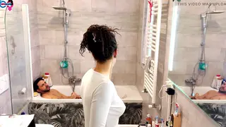 Busty European Roommate Drains Him in the Bathtub