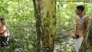 Hairy Studs Share a Raw Blowjob and Cumshot in the Bush