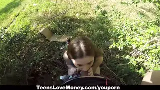Busty Brunette Earns Cash with Outdoor Facial