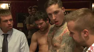 Muscular Bound Stud Fisted and Gangbanged in Club Orgy