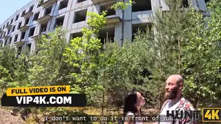 European Brunette Trades Public Sex for Cash in Ruins