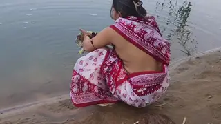 Indian Village Wife Bathes Nude Outdoors by the River