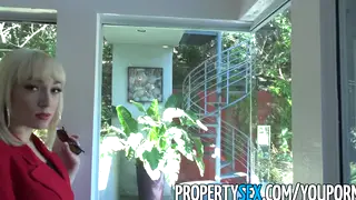 Blonde Agent in Red Blazer Gives POV Blowjob and Takes Facial