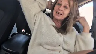 Petite Mature Woman Prepares in Crotchless Pantyhose for Car Date