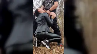 Brunette in Leather Jacket Drains a Big Cock Outdoors