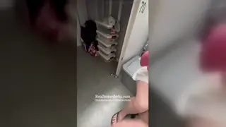 Wife Bent Over Storage Rack Takes Creampie