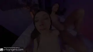 Two Petite Brunettes Share a Cock in VR Bedroom Threesome