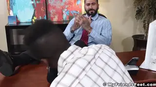 Muscular Businessman Gets Feet Worshipped by Ebony Employee