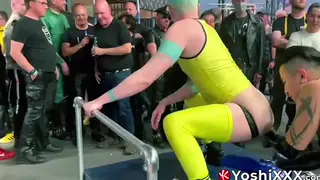 Tattooed Asian Jock Endures Public Fisting and Gaping