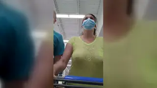 Pierced European MILF Flashes See-Through Top in Store Aisle