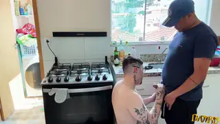 Latino Bear Rims Tattooed Husband in Kitchen