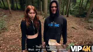Redhead Cheats Outdoors While Boyfriend Watches Helplessly