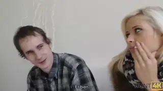 Blonde Teen Performs Oral for Cash While Husband Watches