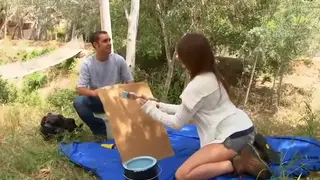 Petite Brunette Gives a Blowjob Outdoors