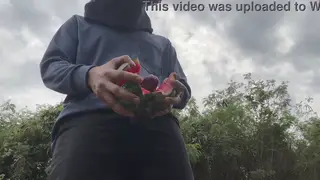 Asian Worker Strokes Big Cock Outdoors to Cumshot