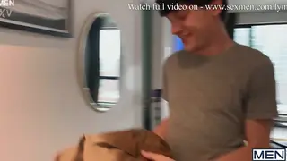 Tattooed Twink Swallows Cum After Deepthroat in Kitchen