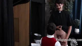 Twink Kneels for a Gloryhole Blowjob in Priest Attire