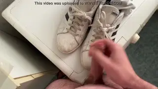 Teen Strokes Uncut Cock Until Sneakers Get Coated