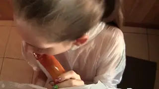 Cheating Babe Milks a Condom Cock POV Until Cum in Mouth