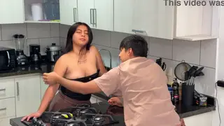 Latina Roommate Takes Charge on the Kitchen Counter