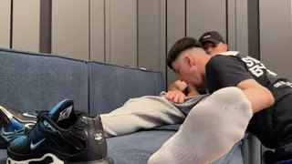 Stocking-Clad Bottom Sniffs Socks Before Raw Creampie