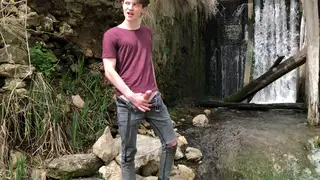 Muscular Teen Strokes His Huge Cock Beside a Waterfall