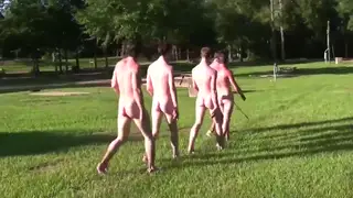 Muscular European Teens Engage In Bareback Gangbang Orgy