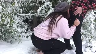 Curvy Couple Fucks Standing in Snow Wearing Stockings