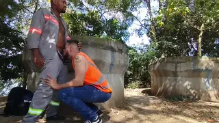 Interracial Workers Hook Up Outdoors at Construction Site