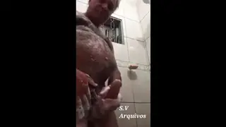 Hairy Bear Daddy Strokes to Cumshot in Bathroom