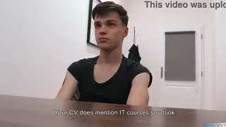Muscular Boss Tests Twink in Bareback Office Casting