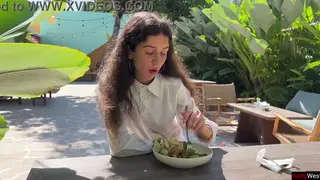 Petite Waitress Takes a Facial Outdoors