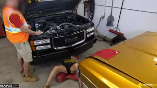 Brunette MILF Services Mechanic in Garage Blowjob