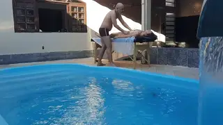Blonde Gets Oiled Poolside Massage and Oral Finish