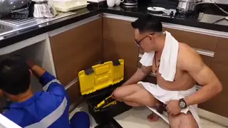 Muscular Asian Handyman Fists and Face-Fucks a Client