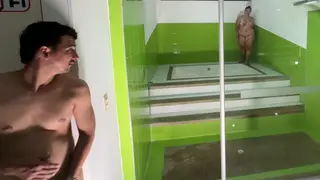 Mature Neighbour Gives Shower Blowjob To Man