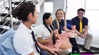 Blonde and Asian Stepsisters Share Two Cocks at a Desk