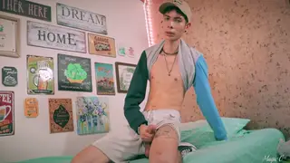 Slim Asian Latino Strokes His Length to a Messy Finish