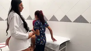 Curvy Latina Nurses Dominate Patient in Office Threesome