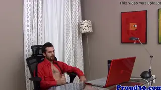 Hairy Bear Strokes Thick Cock at Office Desk