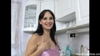 Pregnant European Brunette Takes a Cumshot in the Kitchen