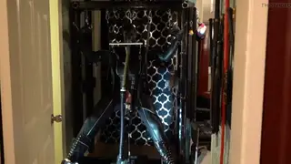 Bound Slave Endures Gas Mask and Machine Milking in Suspension