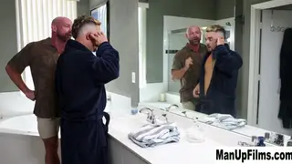 Tattooed Hunk Jerks Off While Girlfriend Watches