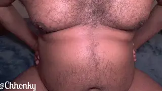 Asian Bear Massages Oil Into His Belly and Slaps It With His Cock